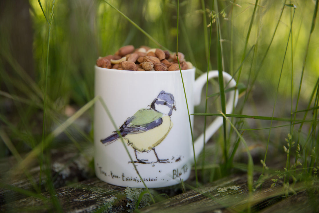White mug with bird design filled with birdseed, placed in grass